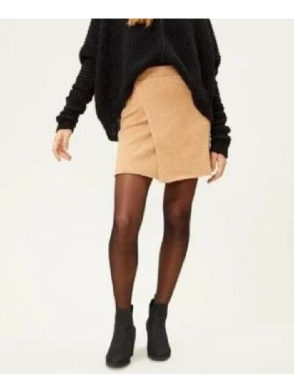 Free People | Mod Faux Wrap Ribbed Knit Sweater Mini Skirt Tan